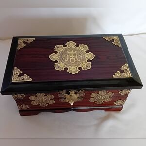 Elegant Vintage Laquer Wood Jewelry Box with Brass Accents